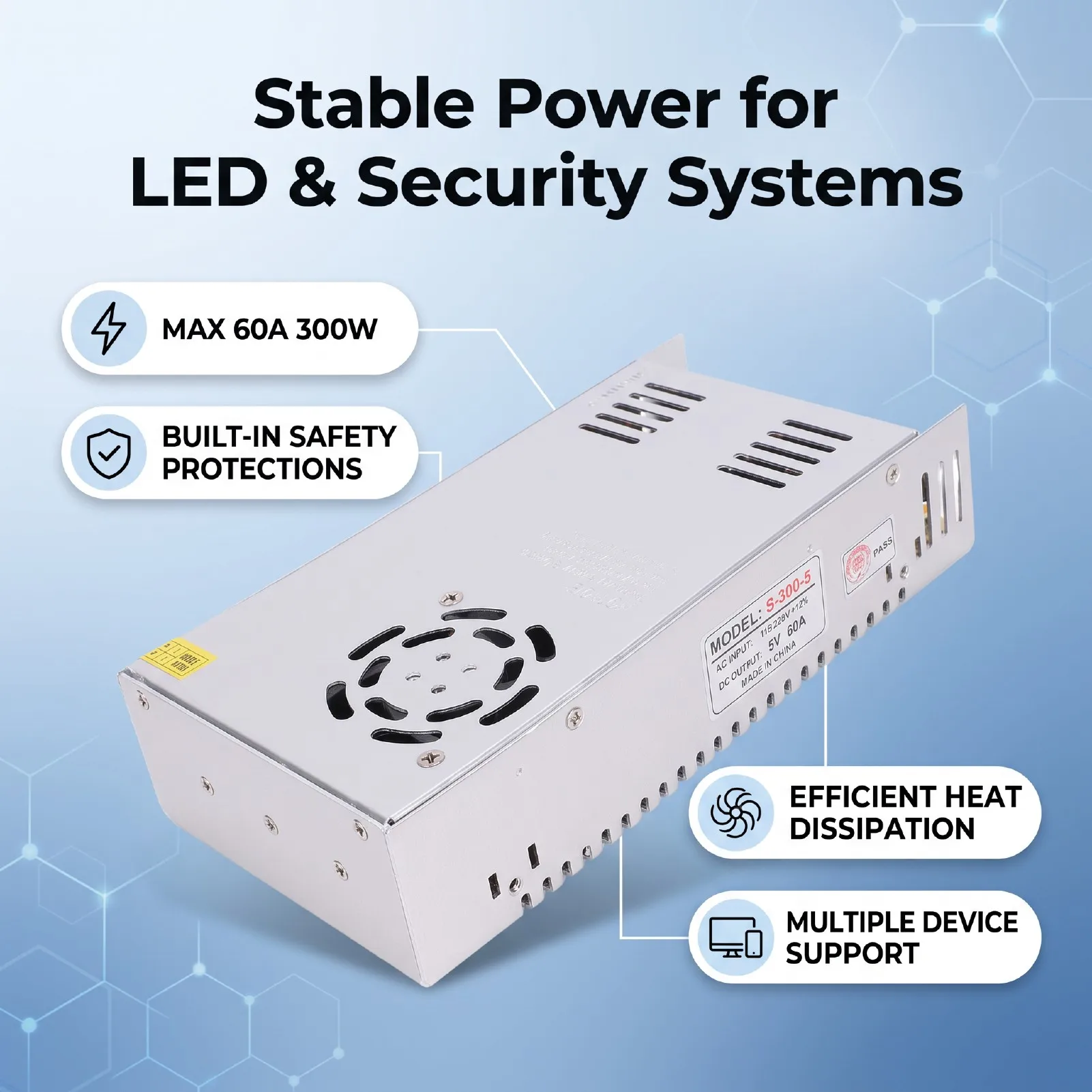 5V 60A 300W Power Supply Transformer Adapter Converter AC110V 220V to DC5V for LED Strip Light CCTV Security Camera System