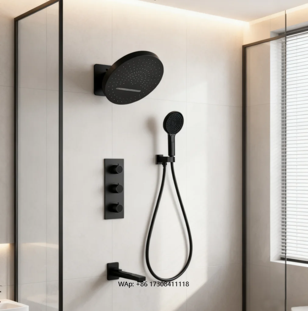 

Bathroom Brass 4 Features Temperature Display Shower System Rotary Switch Design Wall Mounted Round Rain Shower Set