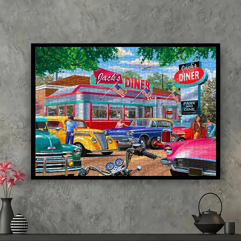 Puzzle dla dorosłych w stylu vintage: amerykański dżiner i klasyczne samochody, retro, gra intelektualna, zabawka dekoracyjna do domu.