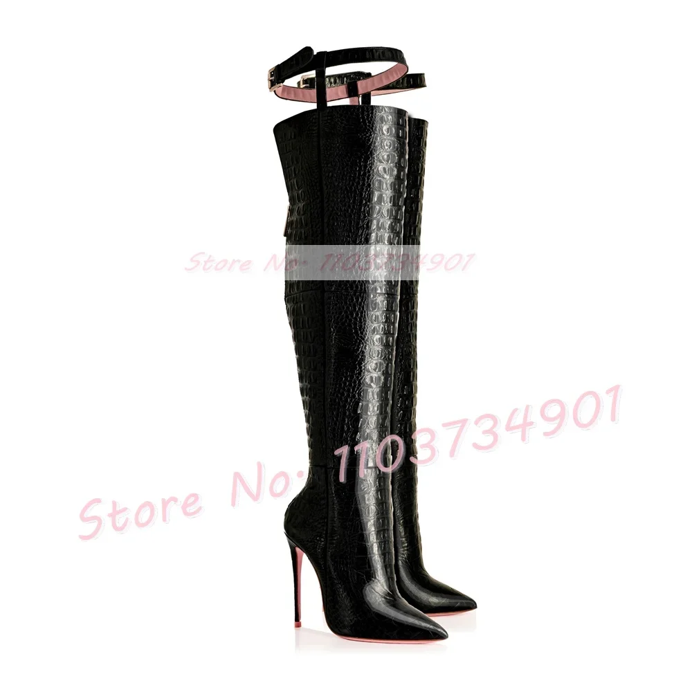 Alligator Thigh Strap Boots Women Pink Sole Back Zipper Pointed High Heels Shoes Ladies Sexy Slim Fashion Big Size Crotch Boots