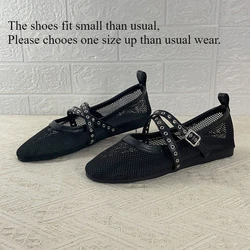 Hollow Out Mesh Ballet Flats Shoes Women Cross Buckle Strap Elegant Black Mary Janes Shoes Female Daily Casual Loafers Trend