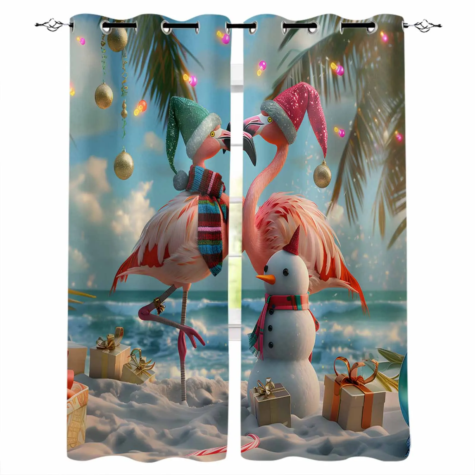 Christmas Beach Palm Tree Snowman Flamingo Blackout Curtains For Living Room Bedroom Window Treatment Blinds Drapes