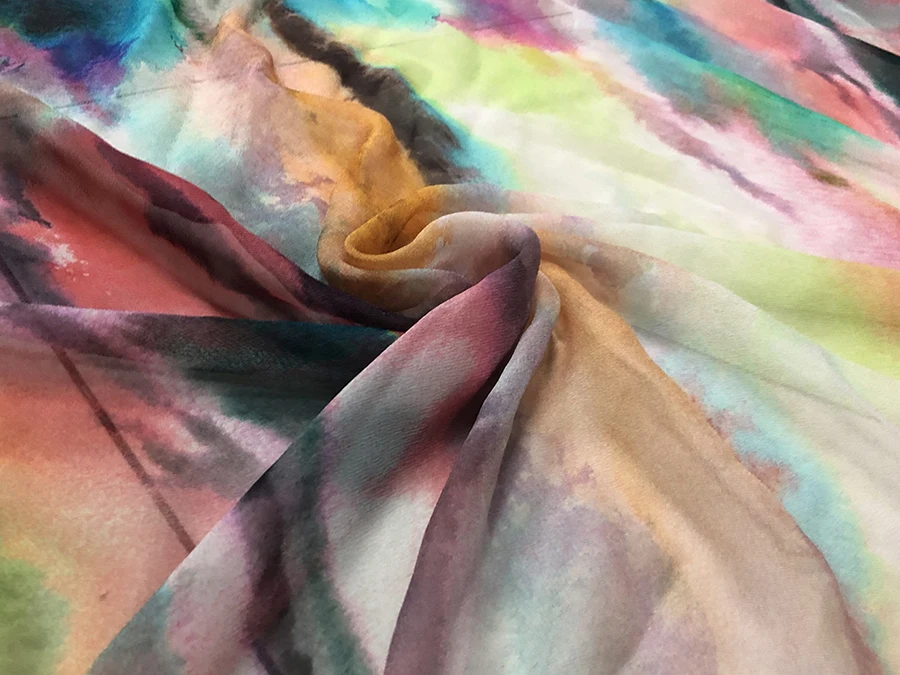 High Quality Real Silk Fashion Cloth Color Ink Painting Semi-Transparent Light Designer Fabric Dress