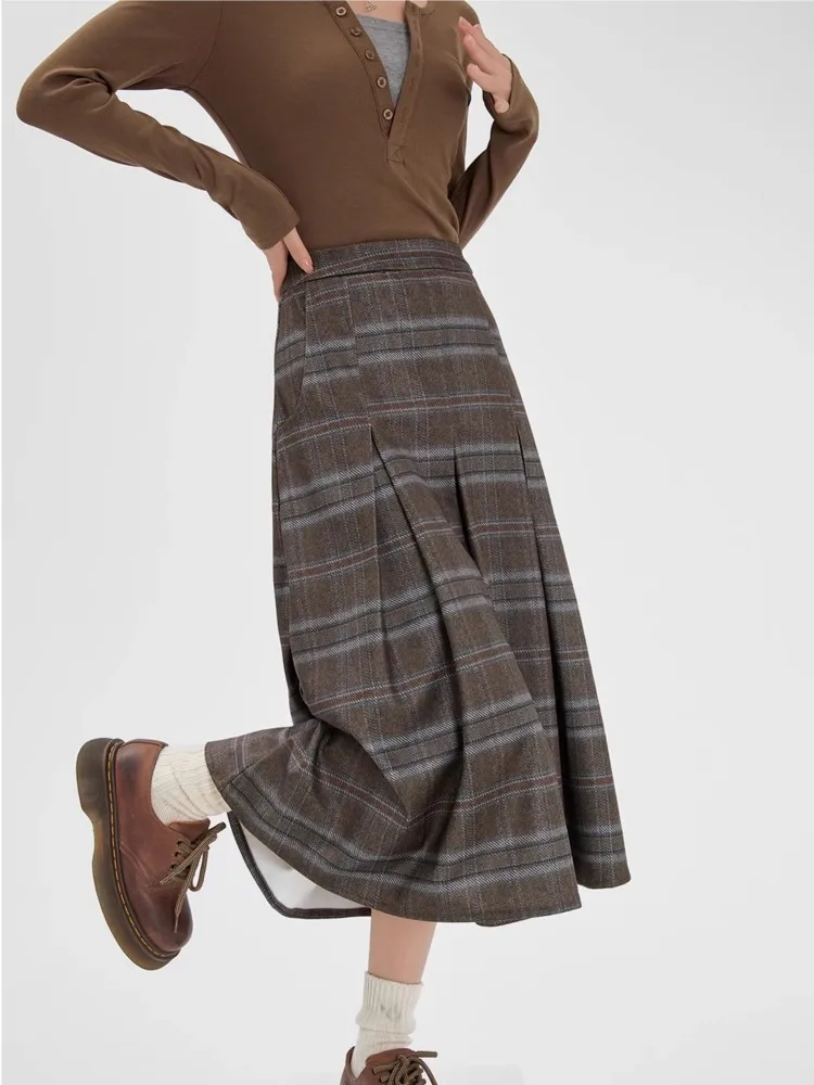 

French Retro College Style Pleated Skirt For Women'S Autumn And Winter High Waisted Temperament Plaid Skirt