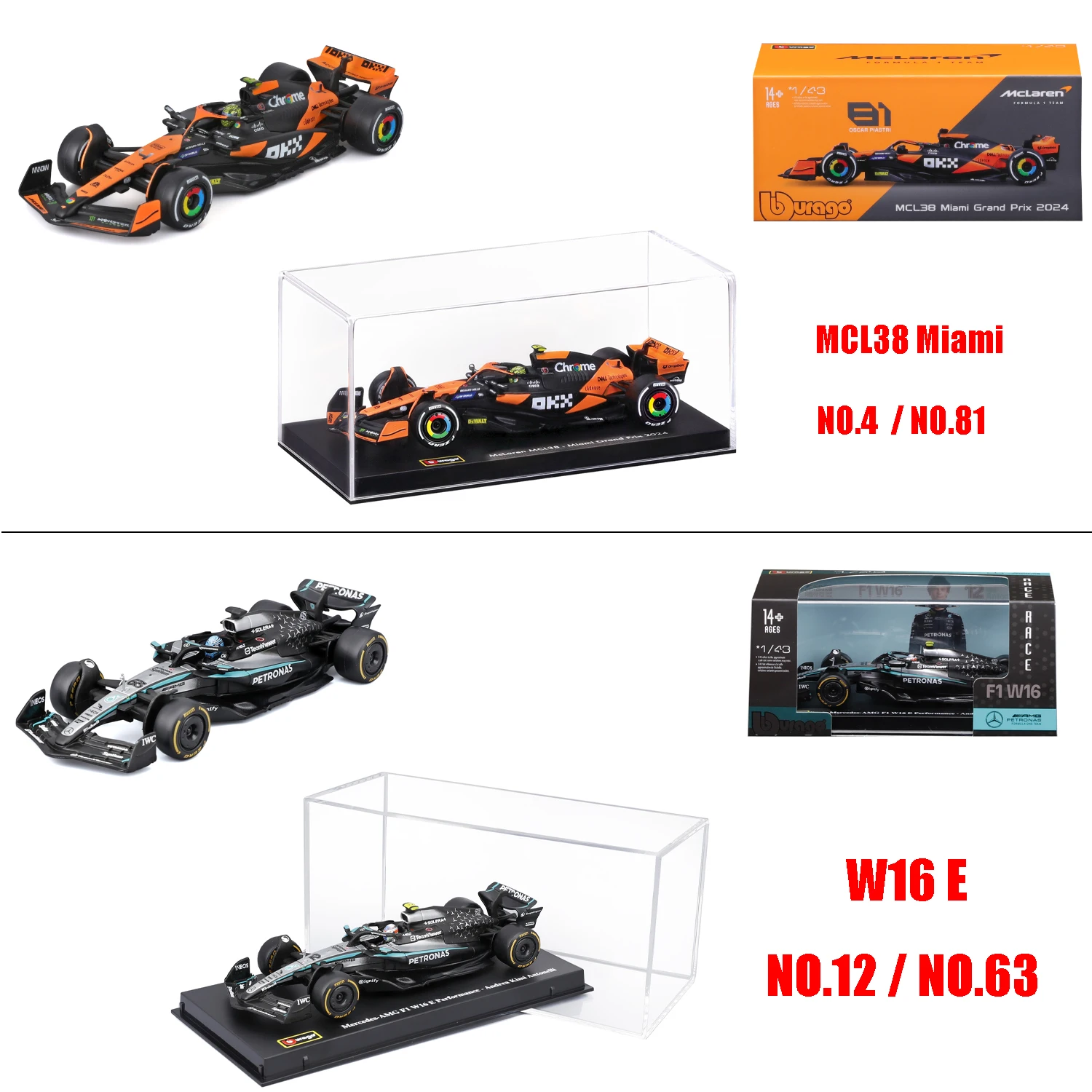 

Bburago 1:43 McLaren MCL38 Miami GP Formula Racing, литая модель гоночного автомобиля из сплава, Mercedes W16 E Performance F1, модель болида Формулы-1, литая под давлением