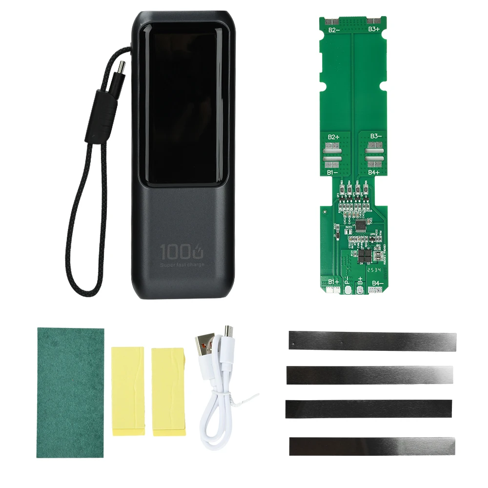 100W Fast Charging Power Bank DIY Kit with Digital Display PD 100W Portable Charger for 4-Cell 21700 Battery Built-in Cable