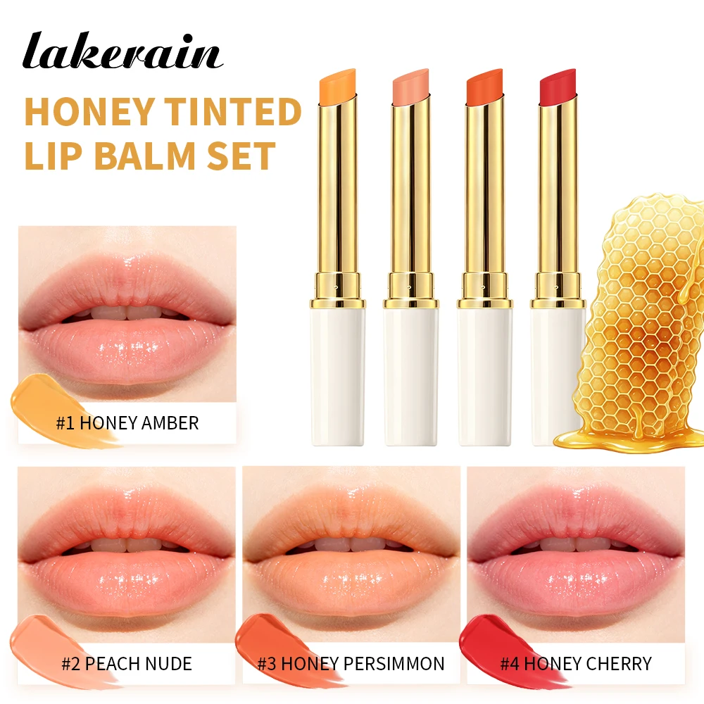 Lakerain Honey Tinted Lip Balm Set Reduce Lip Wrinkles Deep Nourishing Moisturizing Rich in Honey Extract Natural Color Lipstick