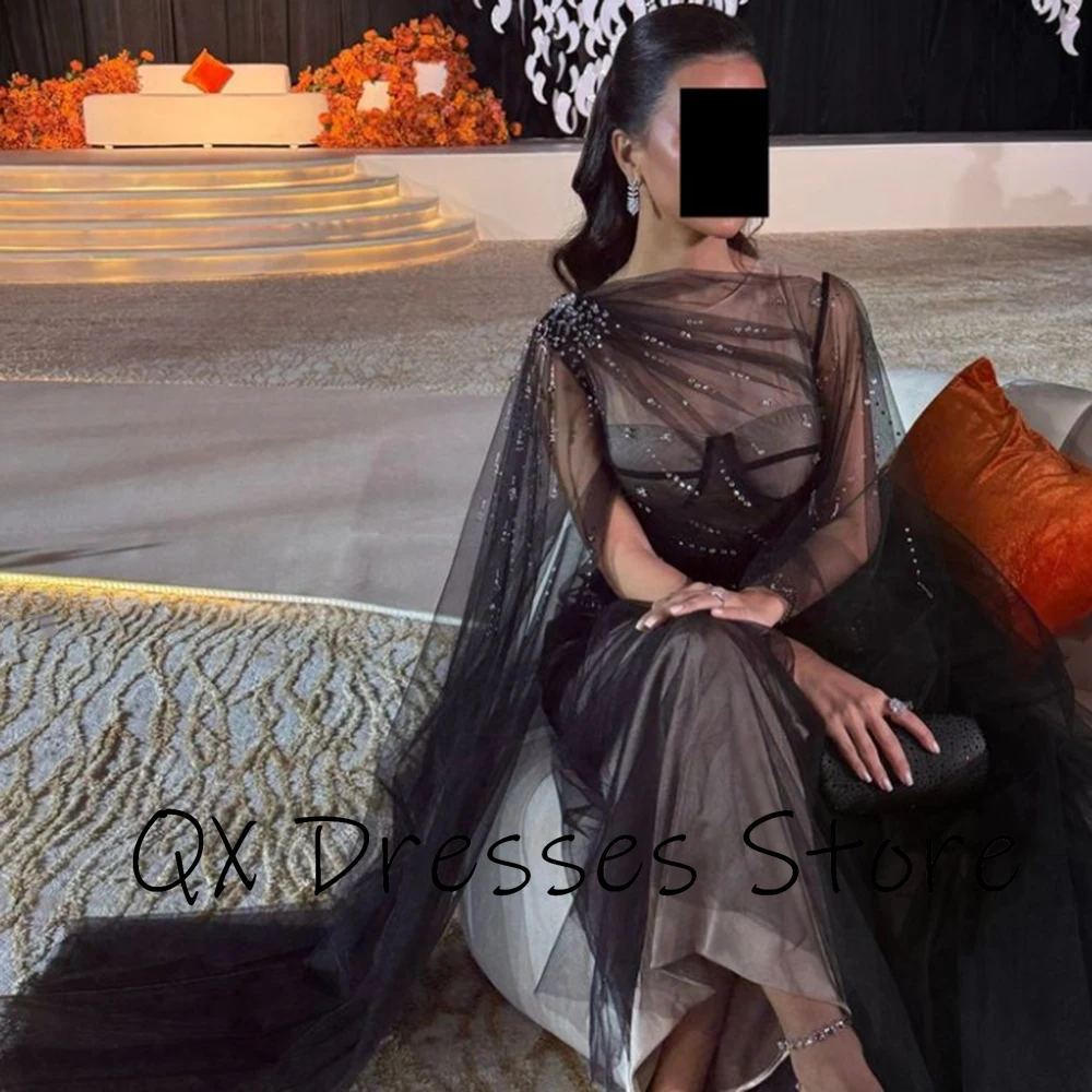 Customized O-neck Black Tulle Backless Illusion Beading Evening Dress Spaghetti Sleeveless Pageant Gowns فساتين سهره نسائيه فخمة image 4