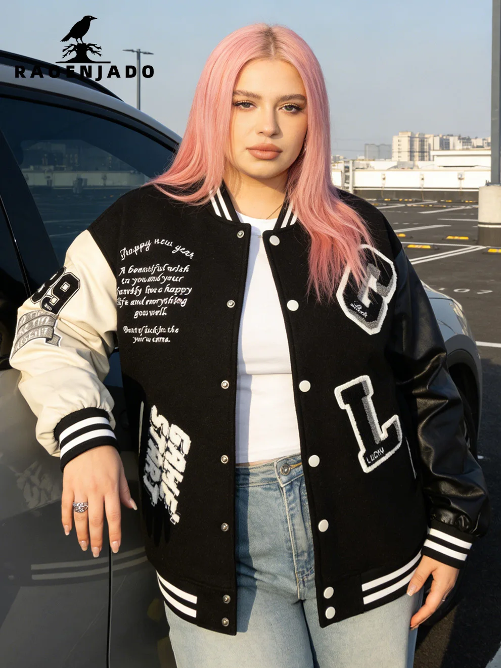 

Женская бейсбольная куртка с рукавами из искусственной кожи, пальто больших размеров, с вышивкой, весенне-осенний бомбер, уличная одежда, свободная верхняя одежда