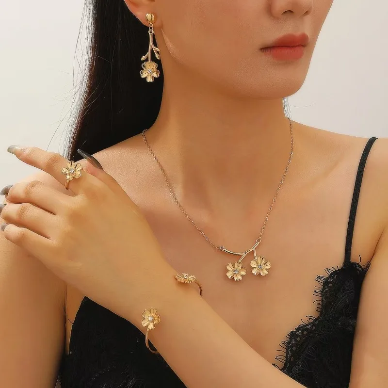 

Simple Plant Small Flower Pendant Earrings Necklace, Trendy Women Ins Style Fashion Party Jewelry Light Luxury Accessories