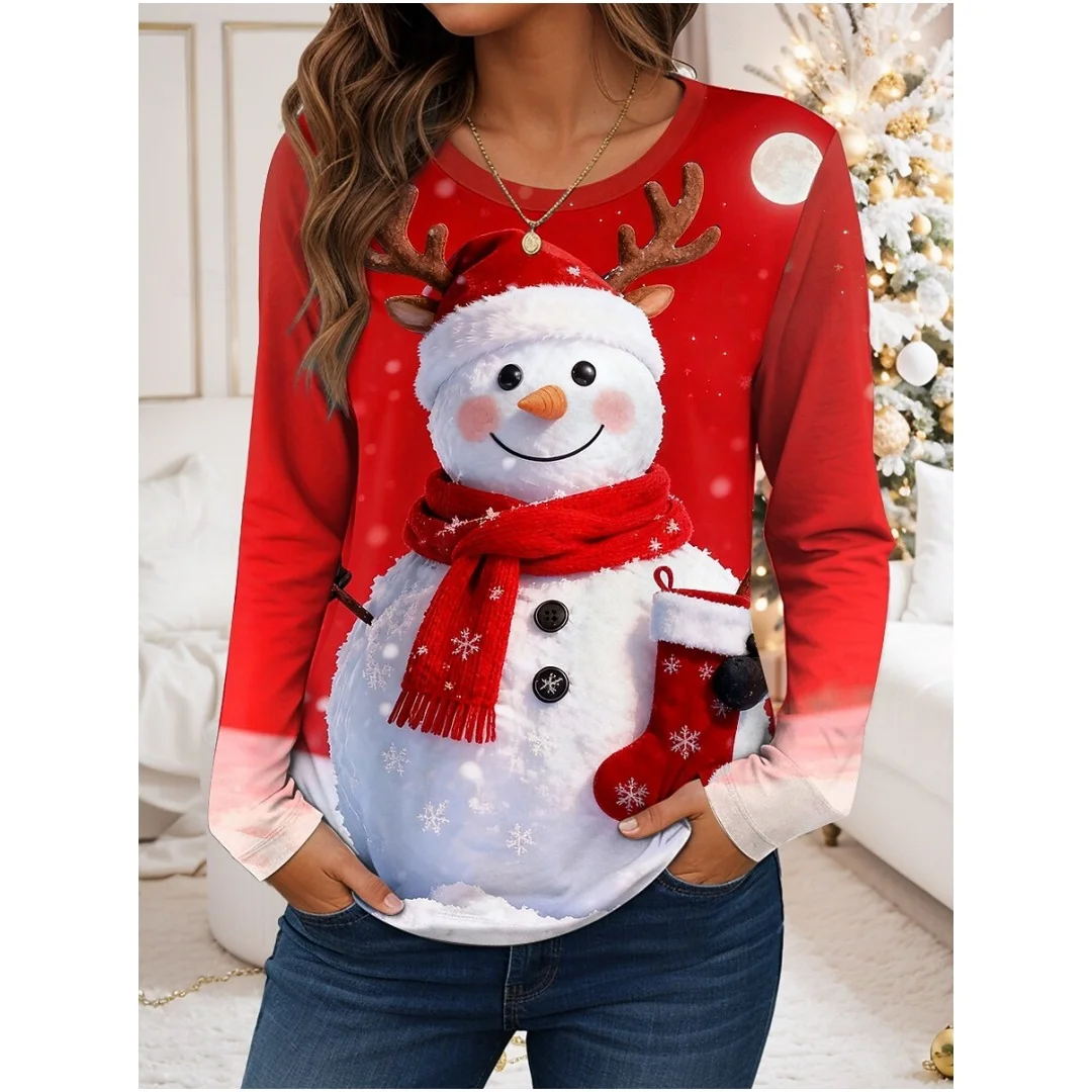 Christmas Autumn Women's Long Sleeved T-shirt 3D Santa Claus Round Neck Tshirt y2k Party Costumes Winter Cute Christmas T-shirts