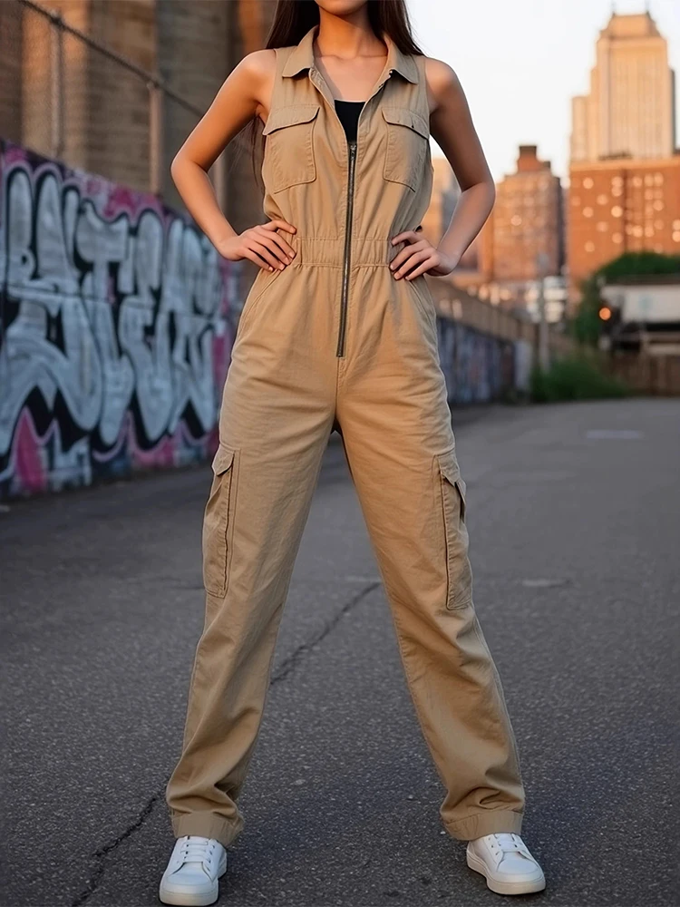 

Comfortable commuting style women's workwear multi pocket zipper V-neck waist cinched 2026 new fashionable jumpsuit