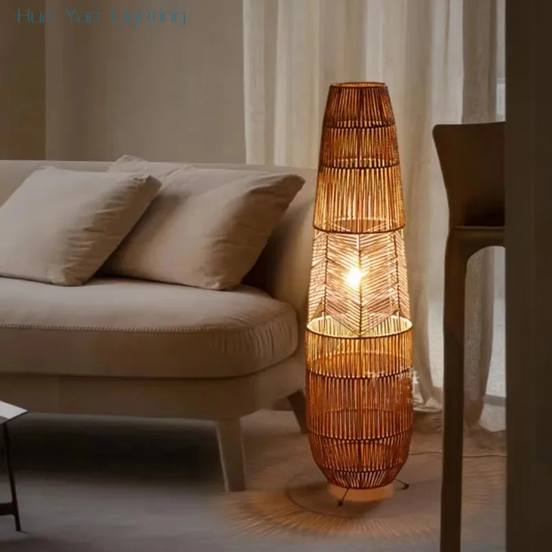 Vinatge Wicker Floor Light Handmade Rattan Floor Lamp for Living Room bedroom Sofa Decor LED Bedside Hand-woven table lamp