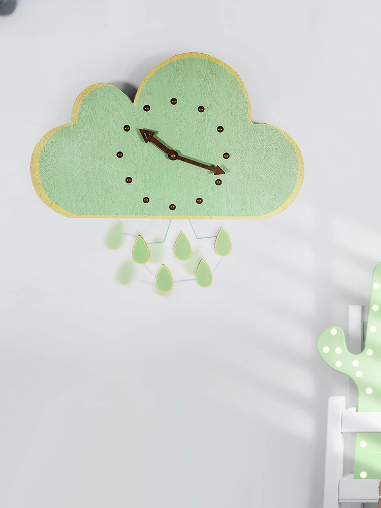 Kindergarten Wooden Clouds and Water Drops Swinging Fun Wall Clock Wall Mounted No Punch When Walking Silent