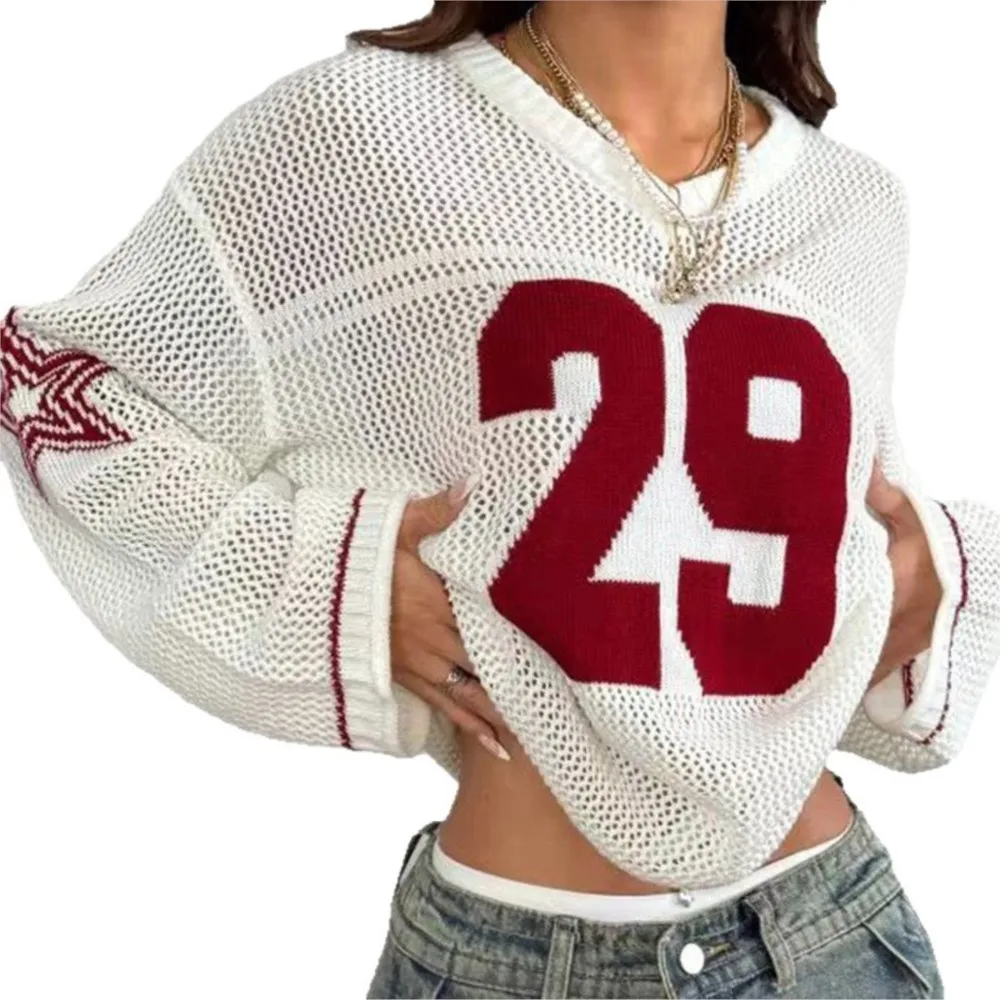 Moda lavorata a maglia cava a maniche lunghe lettera ricamata top da donna Summe casual sport allentato versatile pullover lavorato a maglia femminile
