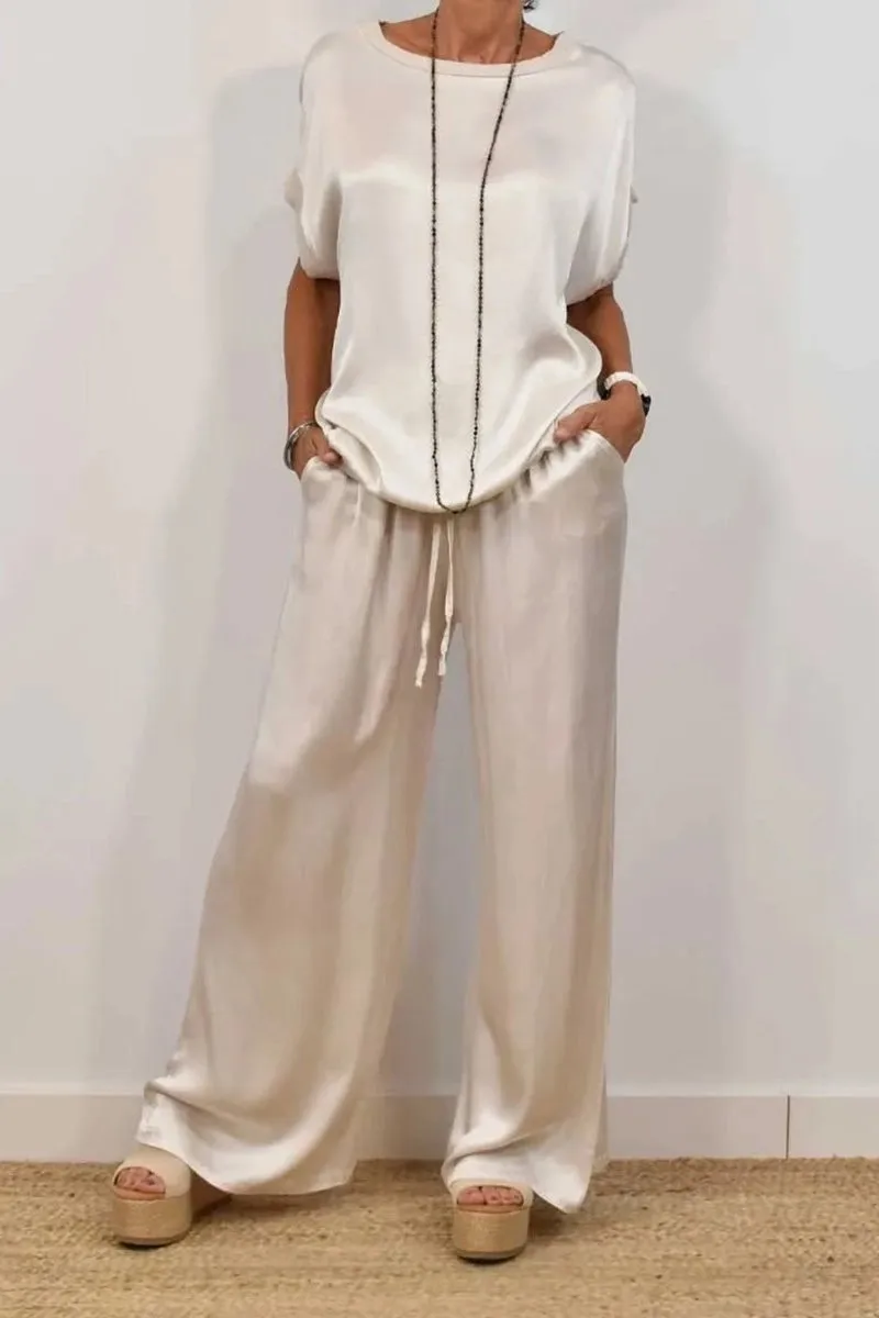 

Pop Spring Summer Smooth Satin Two Piece Sets Women Outfits Fashion 2025 O-neck Short Sleeve Top Wide Leg Pant Office Loose Suit