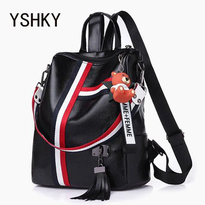 New backpack PU leather backpack large capacity casual ladies travel backpack Ribbon pendant shoulder bag for women