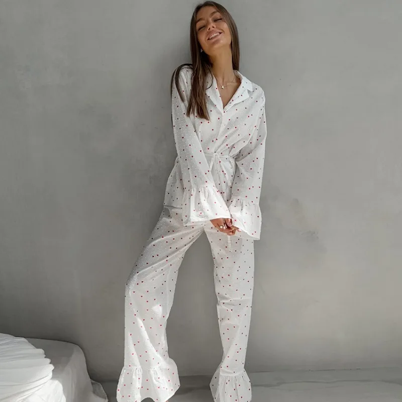 

Женский комплект домашней одежды из мягкого дышащего чистого хлопка с длинными рукавами и длинными брюками, пижамный топ с рюшами по краям, удобный милый размер L, уютный