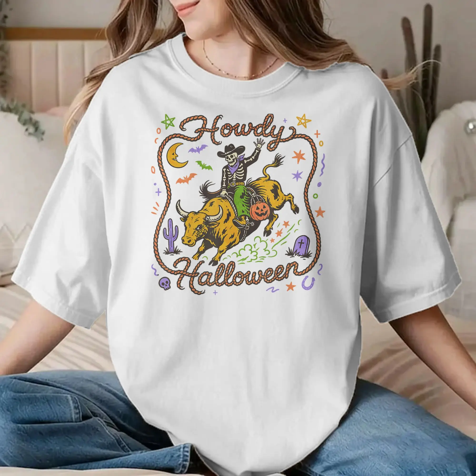 Vintage Bull Riding Western Cowboy Spooky Halloween  T-Shirts Men Women Crewneck Pure Cotton T Shirts  Tees Unique Clothes