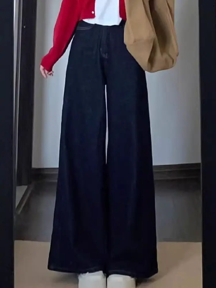 

Retro Deep Blue Wide Leg Women's Jeans Spring Large Size Pear Body High Waist Slimming Drapey Straight Long Pants