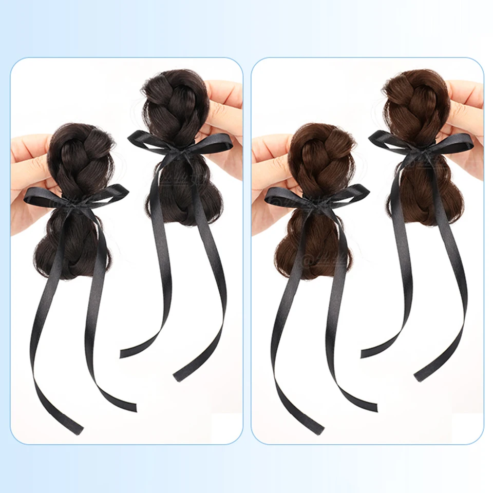 OLACARE Girls Braid Scrunchie Chignon With Rubber Band Brown Black Synthetic Hair Ring Wrap On Messy Bun Ponytails Straight Hair