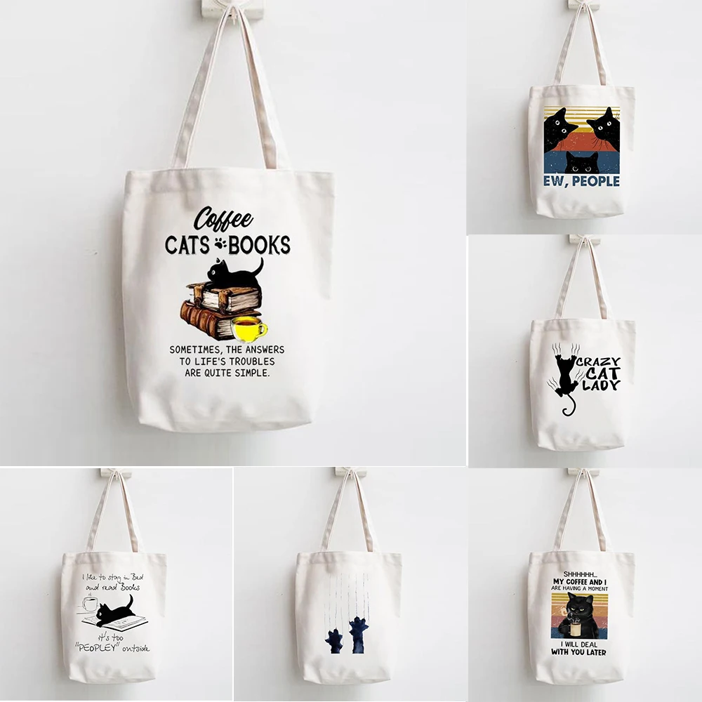Cat Coffee Book Print Canvas Tote Bag Fashionable Practical Shoulder Bag With Funny Cat Patterns For Cat Lovers Daily Use
