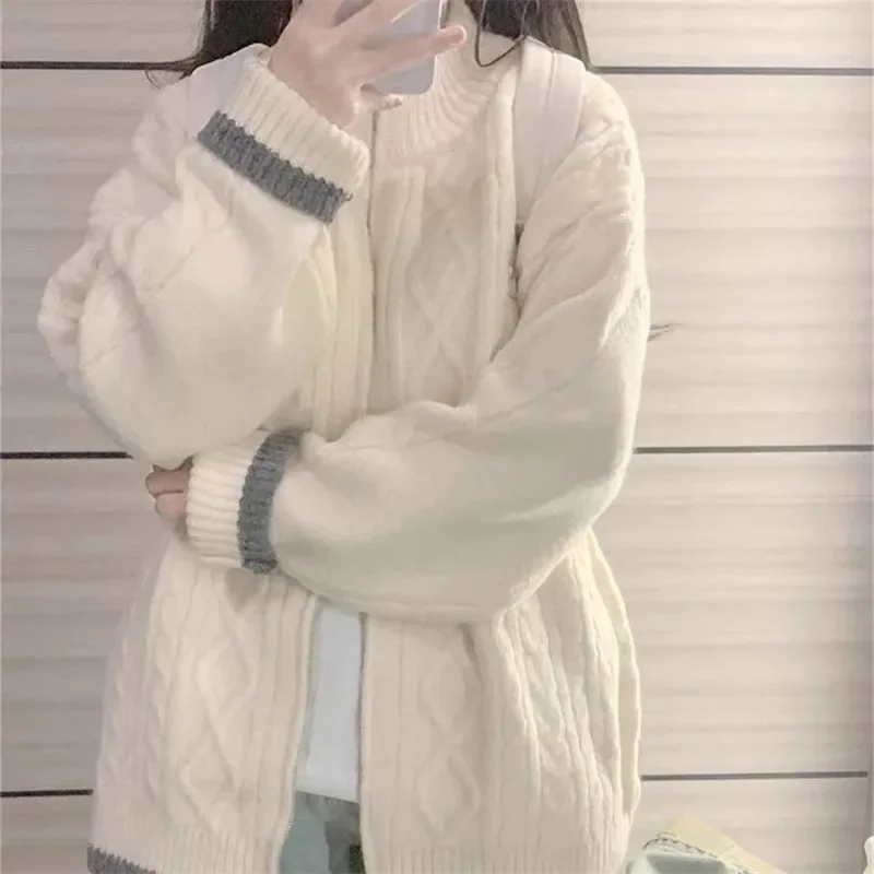 Sweter z panelami Kardigan Kobiety Jesień Zima Słodkie Studenci Baggy Zamki O-neck Zaprojektowany Dzianinowy Przytulny Ulzzang Streetwear Ins