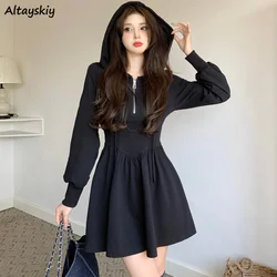 Zamki z kapturem damskie sukienki Mini jednolity koreański styl z długim rękawem elegancki wypoczynek Soft Fashion Vintage prosty Streetwear linia