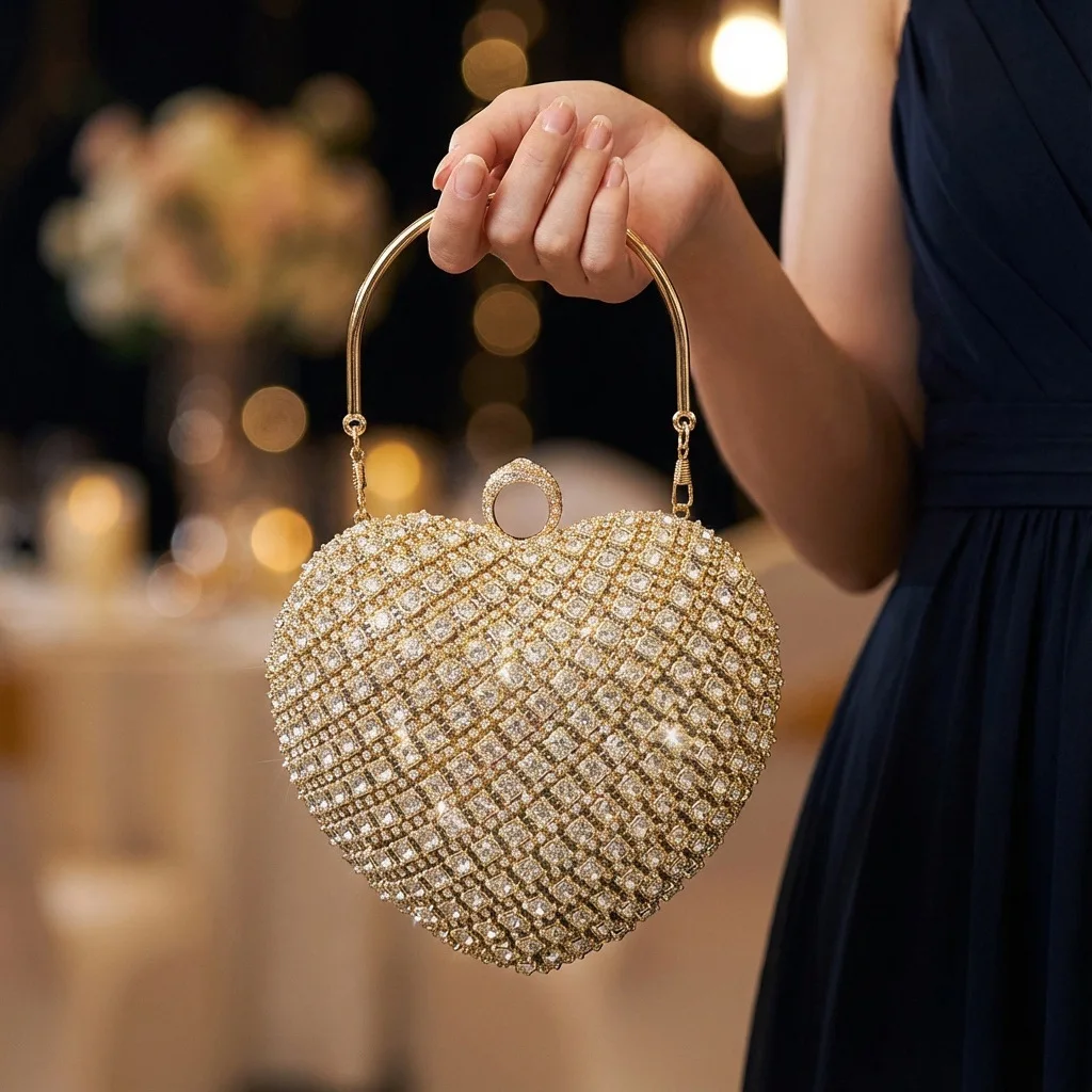 

Сумка для ужина в форме сердца, клатч с бриллиантовой инкрустацией, изысканная высококачественная женская сумка-мессенджер на цепочке.