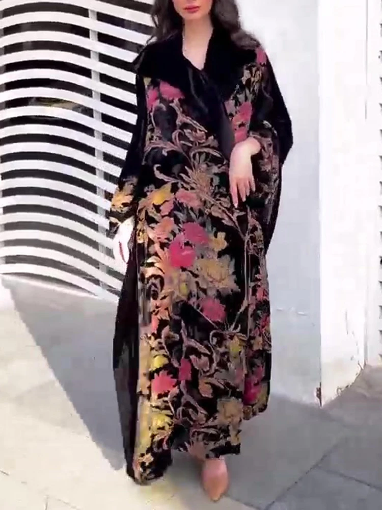 Elegant V-neck Splicing Robe Windbreaker Women's Casual Long Sleeve Draped Loose Jacket Fashion Flower Print Color Blocked Coats