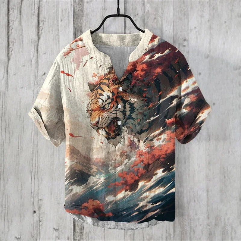 Thick ink landscape printed men's V-neck shirt short sleeved linen shirt casual party personalized top direct sales