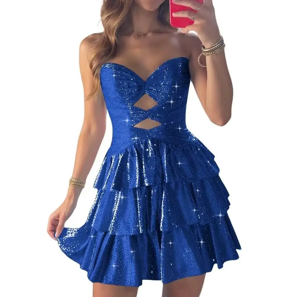 ชุดเดรสกลิตเตอร์ปักเลื่อมสำหรับวัยรุ่น ทรงเอไลน์สั้นแบบเว้าข้าง ชุดราตรีงานพรอม ชุดเดรสออกงานกลางคืนสำหรับคลับ