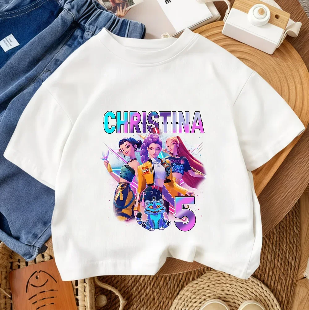 

Летняя футболка K-Pop Demon Hunters 2026 для детей, мальчиков и девочек, милая, кавайная, с мультяшным принтом, круглым вырезом, из хлопка, модная повседневная одежда, размеры 3-14 лет