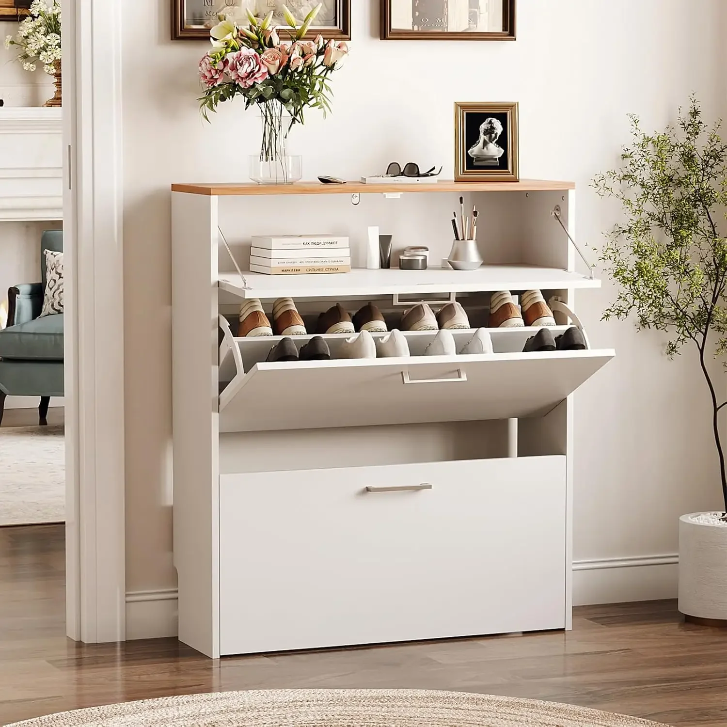 Shoe Cabinet for Entryway, Slim Shoe Rack Storage Organizer with 3 Flip Drawers, Modern White Hidden Shoe Shelf with, Custom