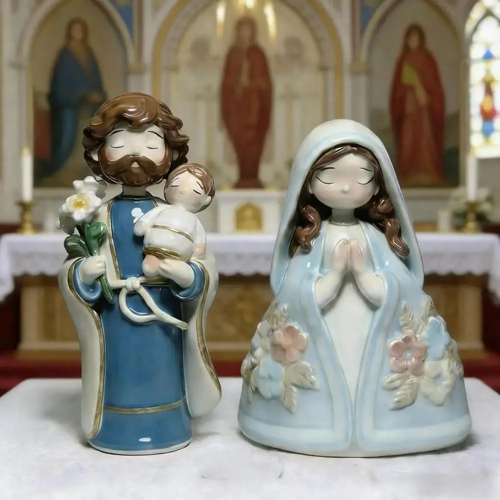 Holy Family Statue St.Joseph with Youth Jesus Virgin Mary Resin Figurine Indoor Nativity Scene Tabletop Decoration Gift