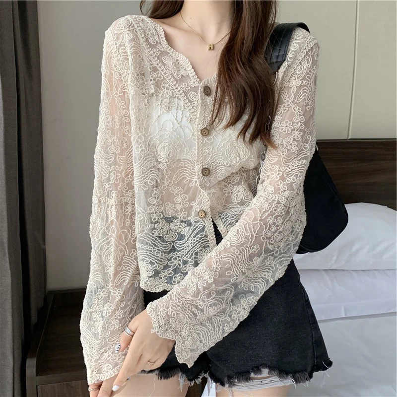 Sheer Crochet Top Long Sleeve Button Front V-Neck Open-knit Embroidery Blouse Women Summer Fairycore Cottagecore Outfit