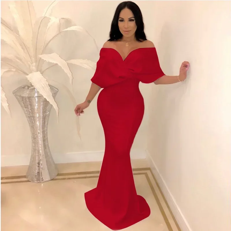 Elegant Women Off Shoulder Fishtail Dress Slim-fit Hip Wrap Maxi Long Sexy Party Evening Dress Party Prom Fashion Dress Vestidos