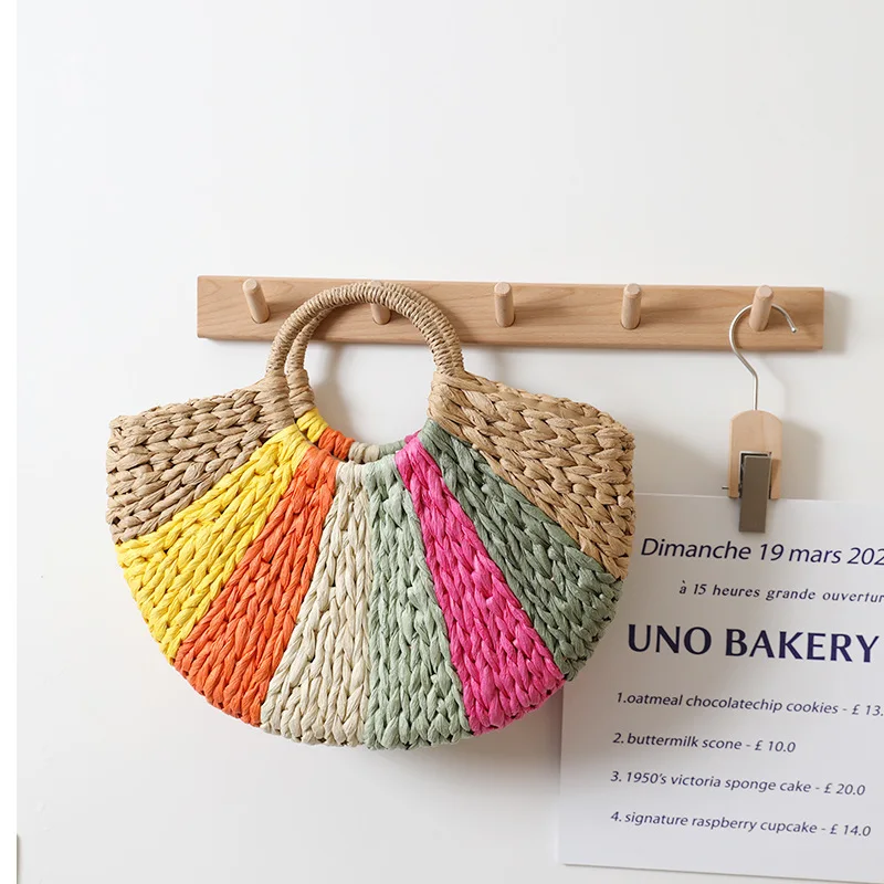 Rainbow Color Straw Bag 2025 New Summer Semi-Circle Hand-Held Straw Bag Woven Bag Seaside Holiday Beach Bag