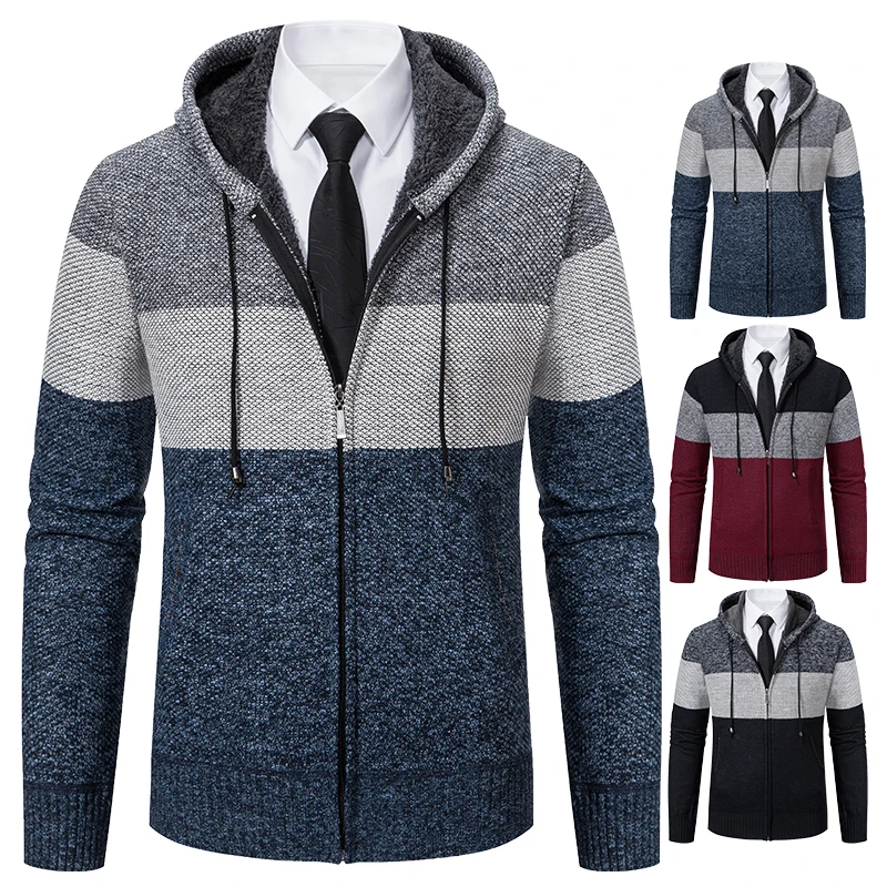 Men\'s Thick Warm Cardigan Striped Fleece Sweater Coat Hooded Jackets Jumper Coar with Cap Y2K Male Clothing