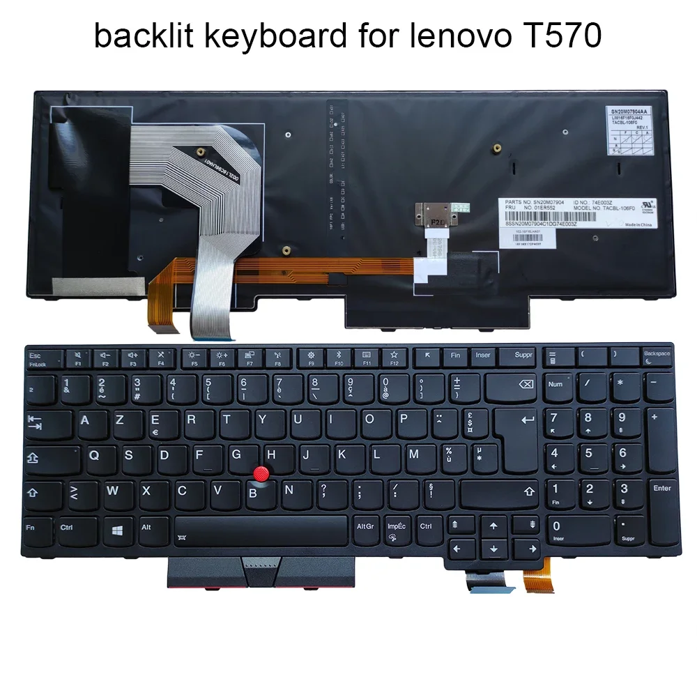 

French Azerty Keyboard Backlight for Lenovo Thinkpad T570 P51S T580 P52S 01ER552 FR Notebook Replacement Keyboards Backlit Black