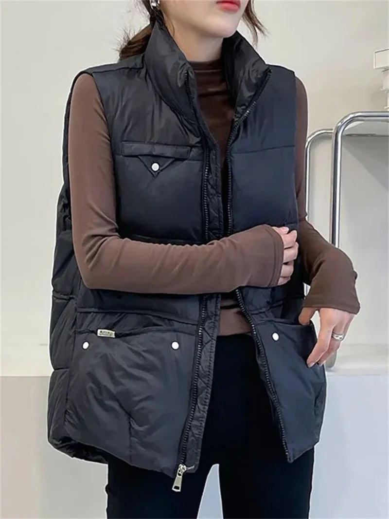 2024 New Winter Puffer Vest Pocket Women's Korean Down Cotton Padded Jacket Waistcoat Stand Collar Parkas Casual Overcoat Top