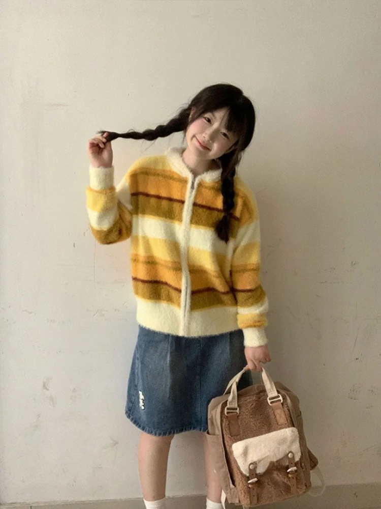 Vintage Harajuku Stripe Cardigans Women Y2k Aesthetic Contrast Color Casual Sweater Streetwear Hooded Grunge Loose Zipper Coats