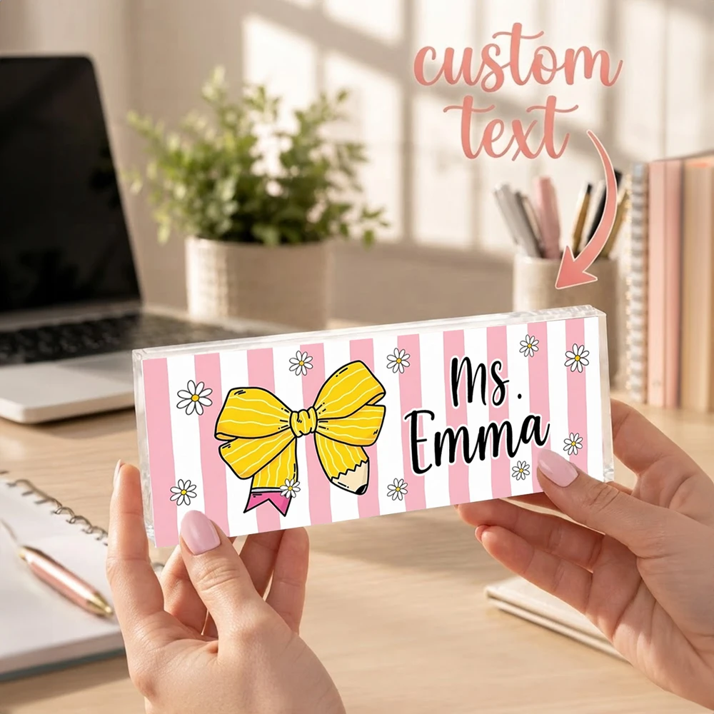 Custom Text Acrylic Desk Name Plate,Personalized Pink Stripe Pencil Teacher Desk Sign,Floral Decor Plaque,Desk Sign Gift