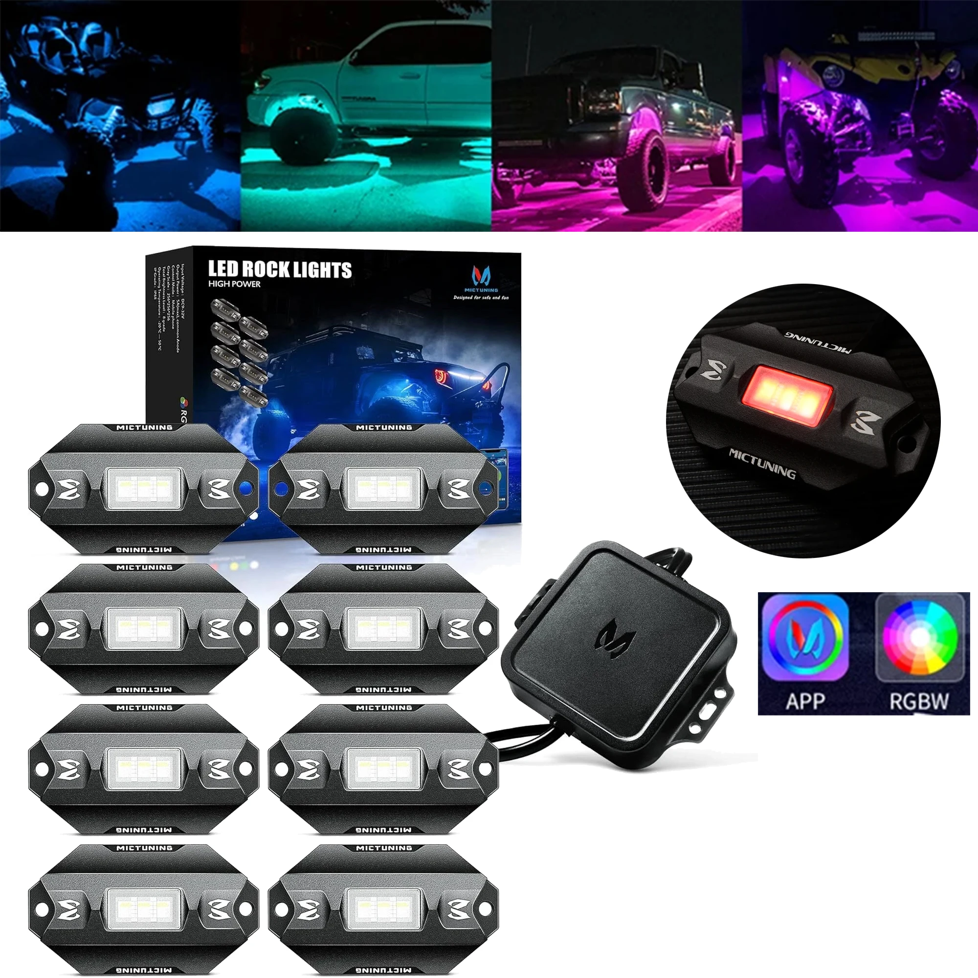 MICTUNING C1 8-Pods RGBW Pod Lights with Music Sync, App Control & Waterproof Design - Multi-Color Underbody Glow for ATV SUV