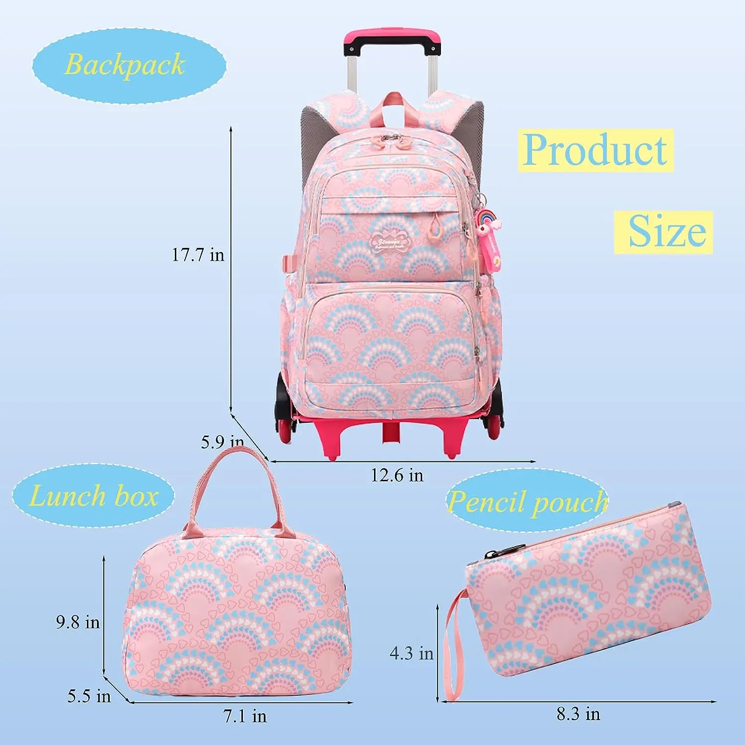 Rolling School Bags for Girls, Mochila impermeável para crianças com rodas, Trolley Luggage Back Pack, Ensino médio