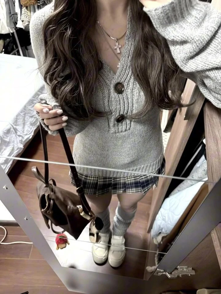 Y2k رمادي الخامس الرقبة البلوزات Mujer 2025 الخريف الشتاء جديد بلوفر مغزول موضة سليم صالح كم طويل للنساء #2