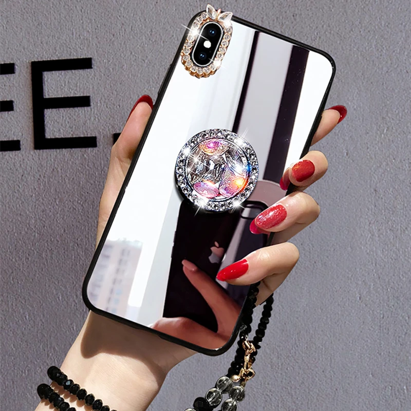 Mirror Rhinestone Makeup Women Phone Case For iPhone 16 15 Pro Max 15 Plus 15 Pro Diamond Finger Ring Cover