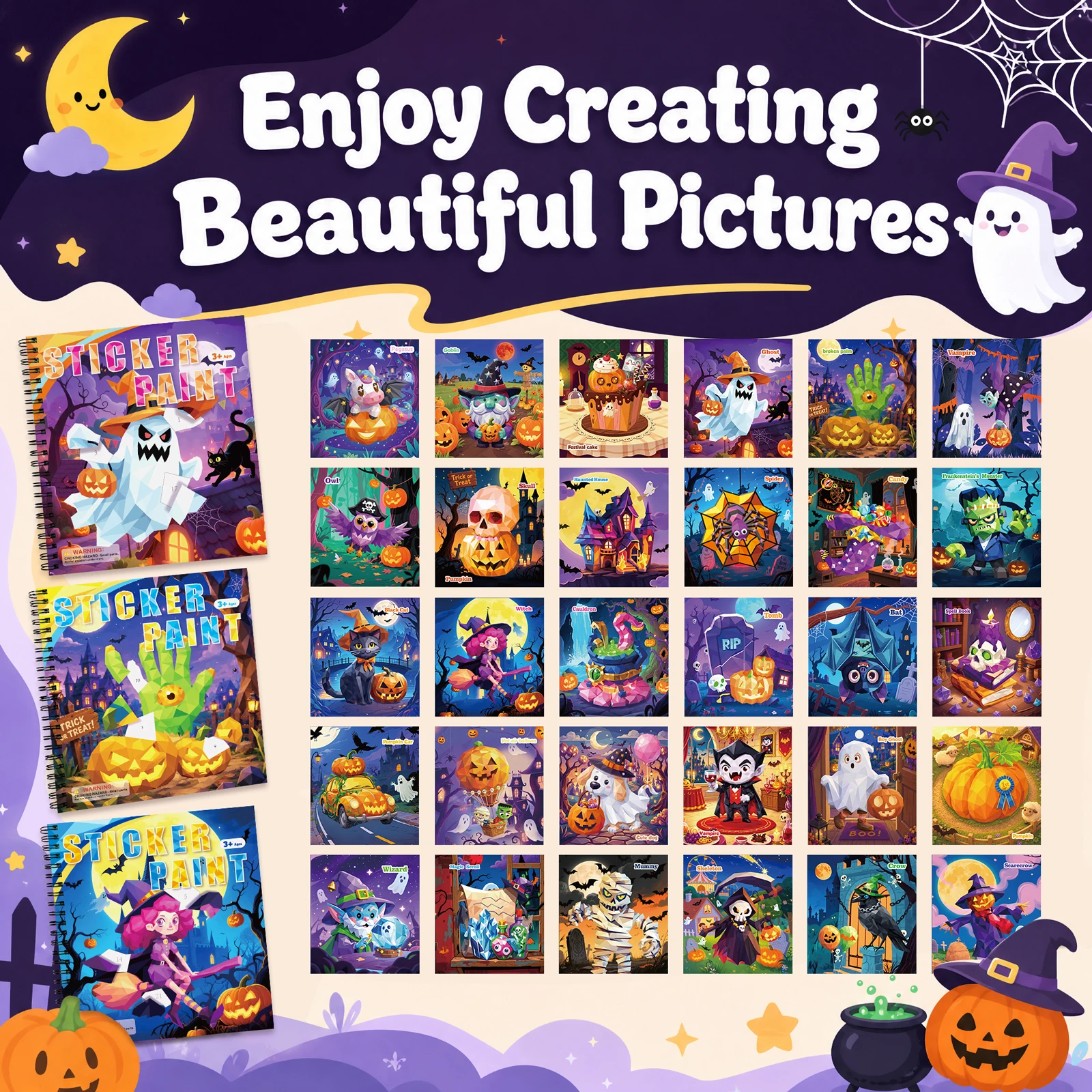 20 Pages Halloween Sticker Books for Kids Spiral-bound Activity Book with 10 Pattern DIY Reusable Stickers of Zombies, Ghosts