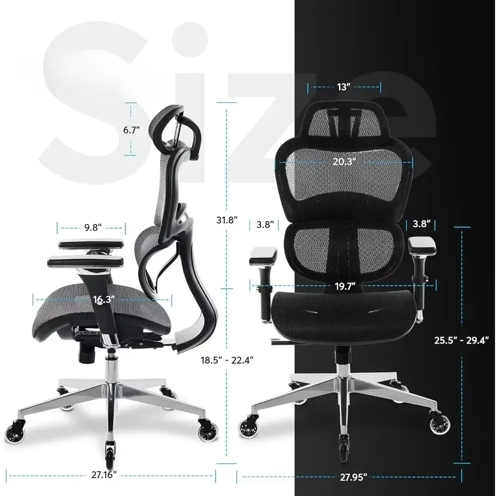 Ergonomic Office Chair, Rolling Desk Chair with 4D Adjustable Armrest, 3D Lumbar Support, Blade Wheels, Mesh Compu