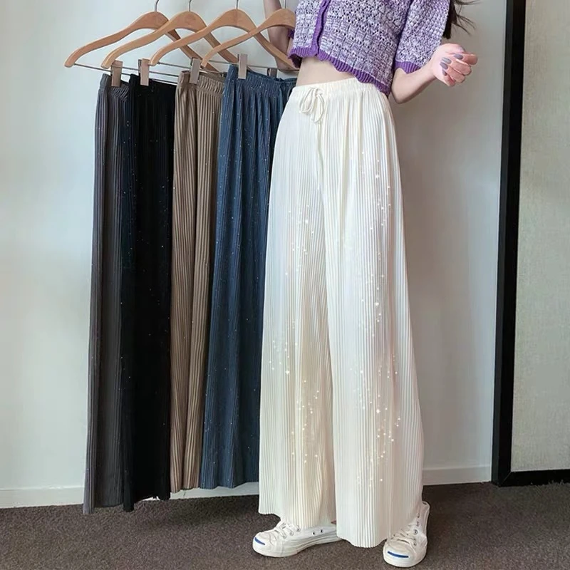 Summer Loose Straight Pants Shiny Design Pleated Wide Leg Pants Ice Silk Draped Pants Thin High Waisted Casua Women Pants